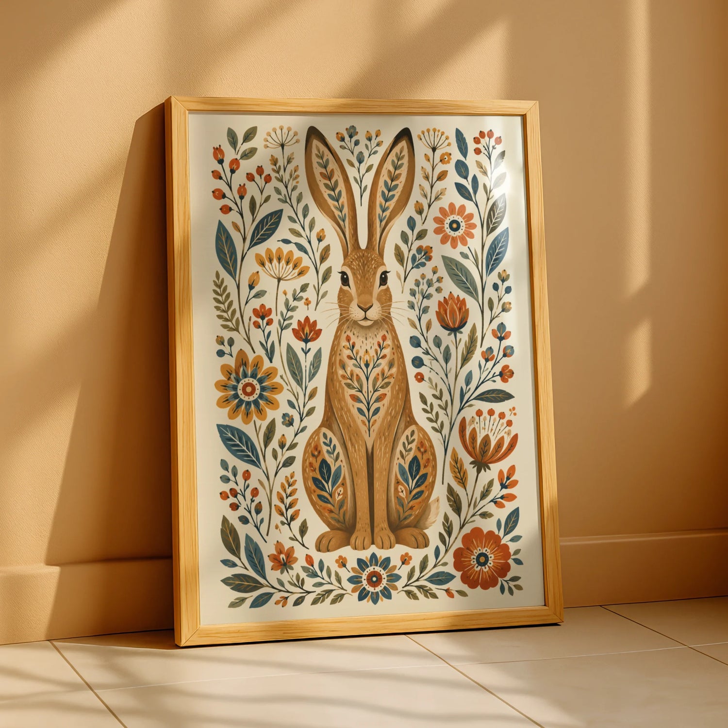 Folk Hare Poster, Floral Rabbit Wall Art, Botanical Folk Art Print, Wilderkind Nature Decor