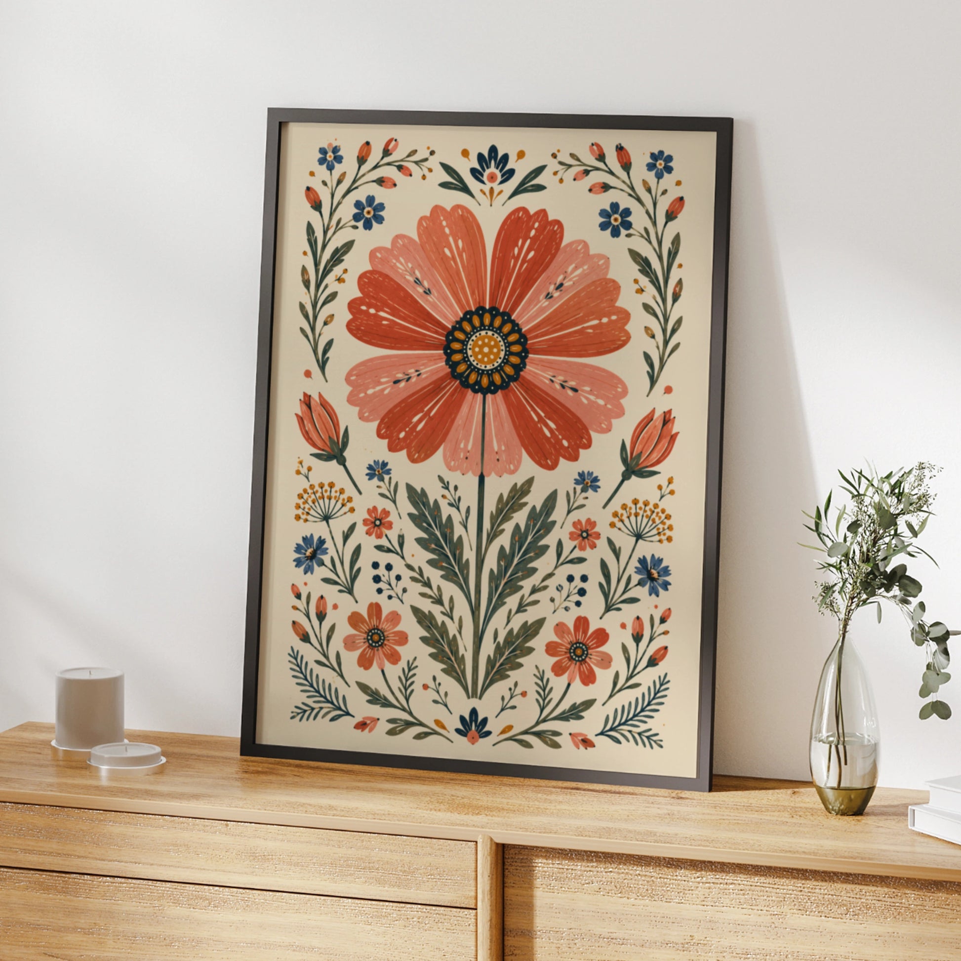 Folk Floral Cosmos Poster, Botanical Wall Art, Scandi Folk Print, Terracotta Blue