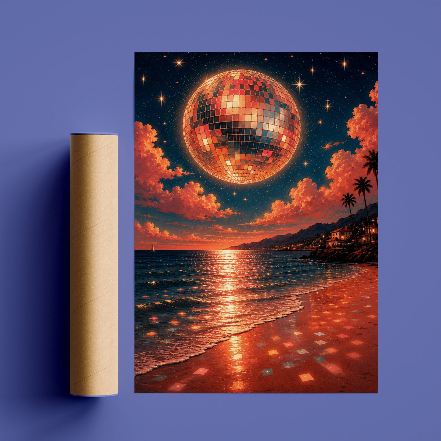 Surreal disco ball moon above a teal and coral coastal beach at sunset
