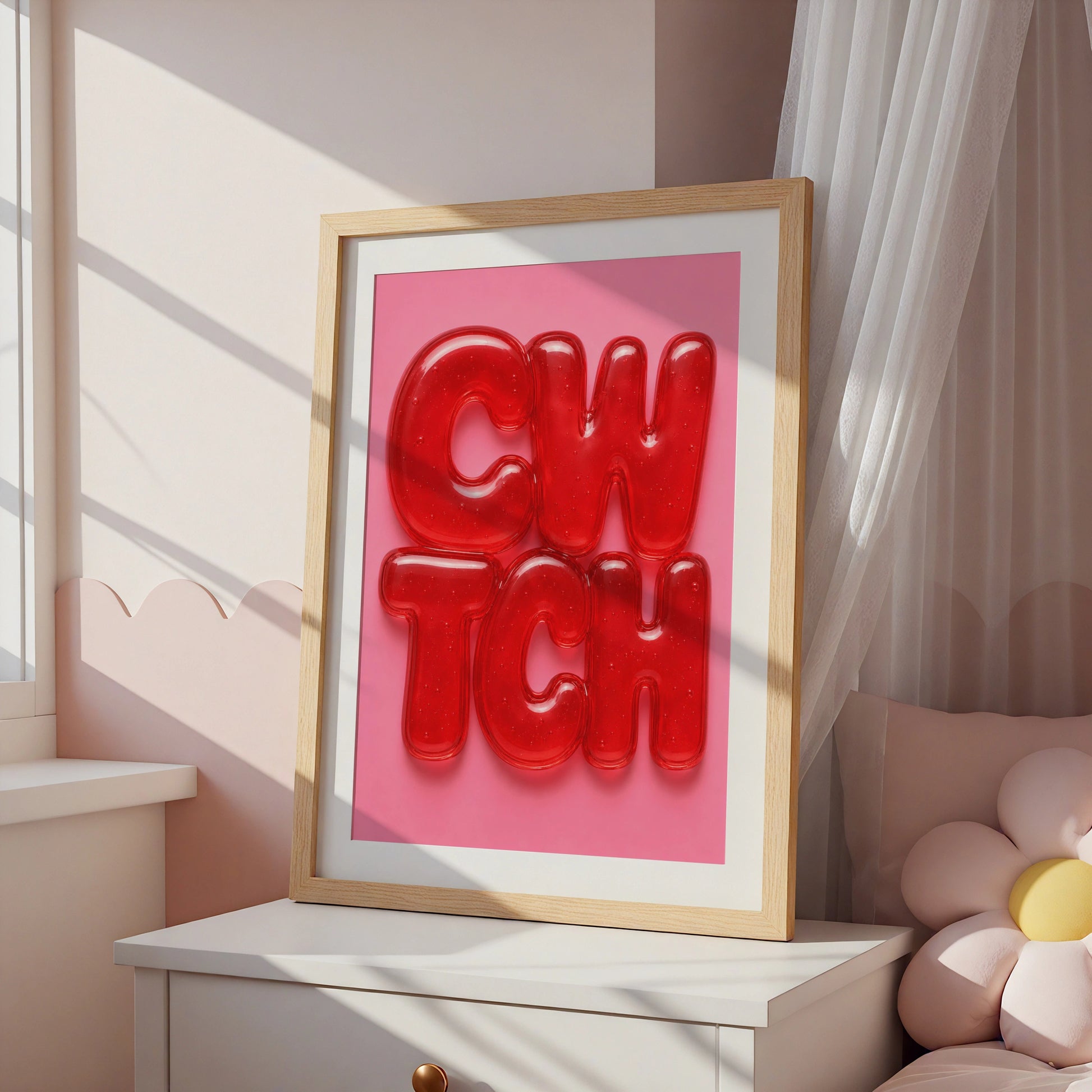 Cwtch Welsh Word Poster, Wales Jelly Bubble Letter Art, Red Pink Wall Print