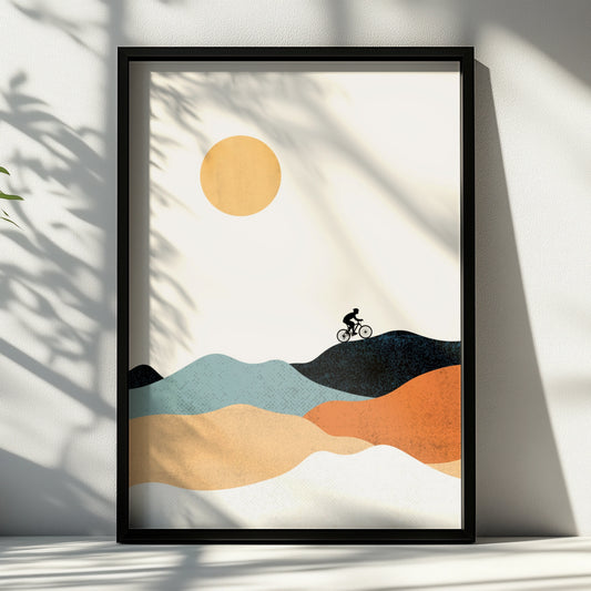 Mountain Bike Poster, Minimalist Cycling Art Print, Retro Hills Wall Art, Gift for Cyclist