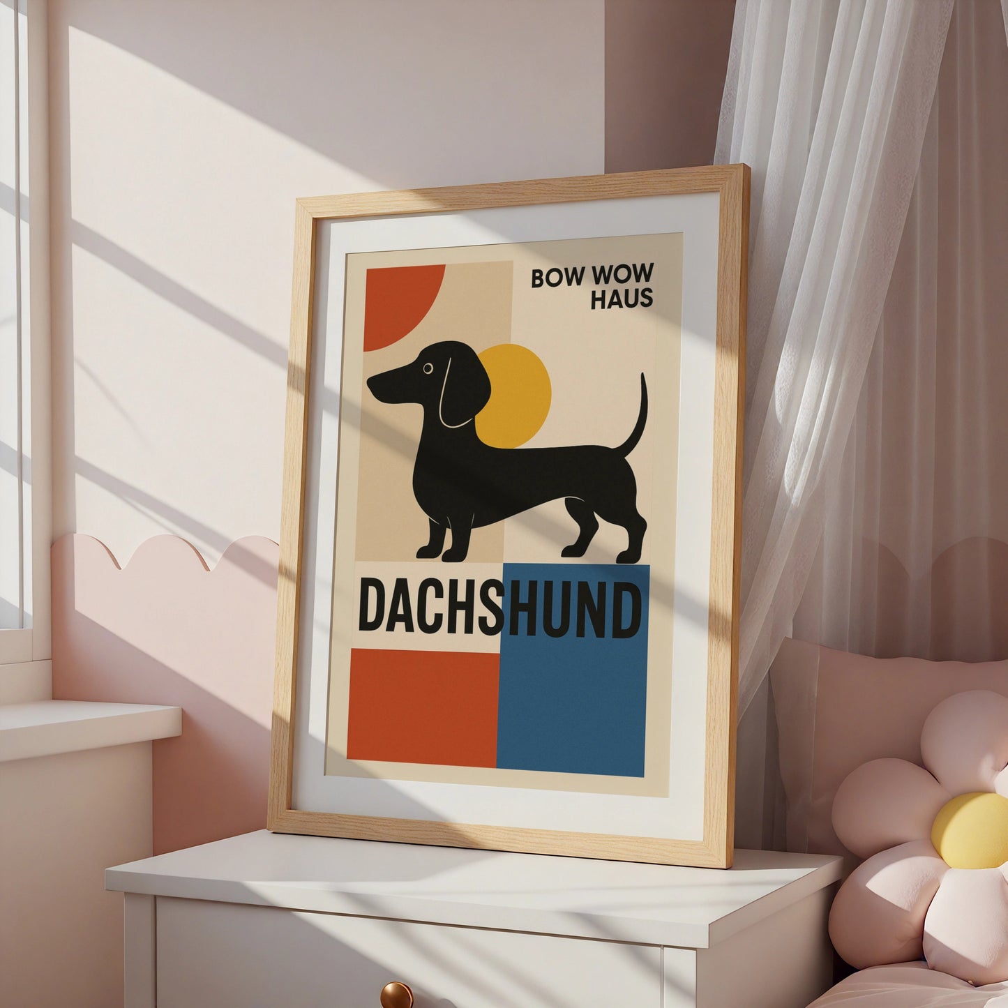 Dachshund Poster, Bauhaus Dog Wall Art, Sausage Dog Print, Retro Geometric Dog Lover Gift