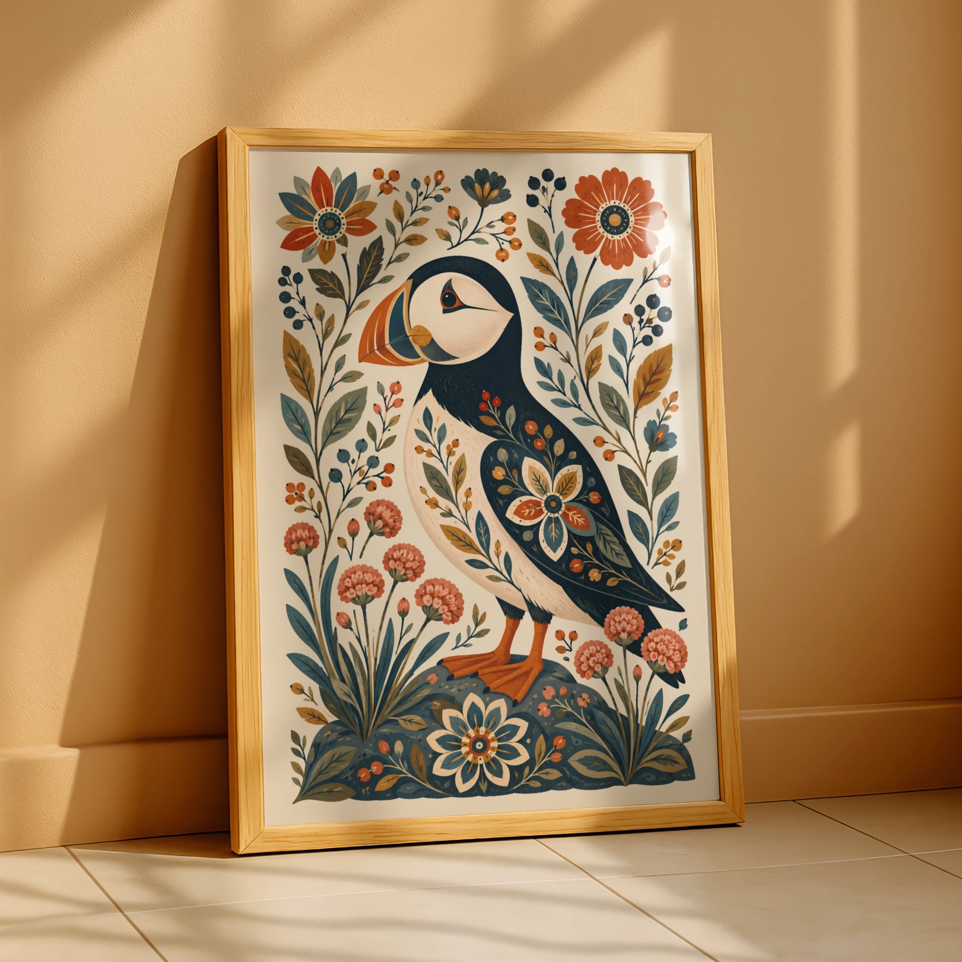 Folk Art Puffin Poster, Floral Bird Wall Art, Botanical Nordic Print, Nature Lover Gift