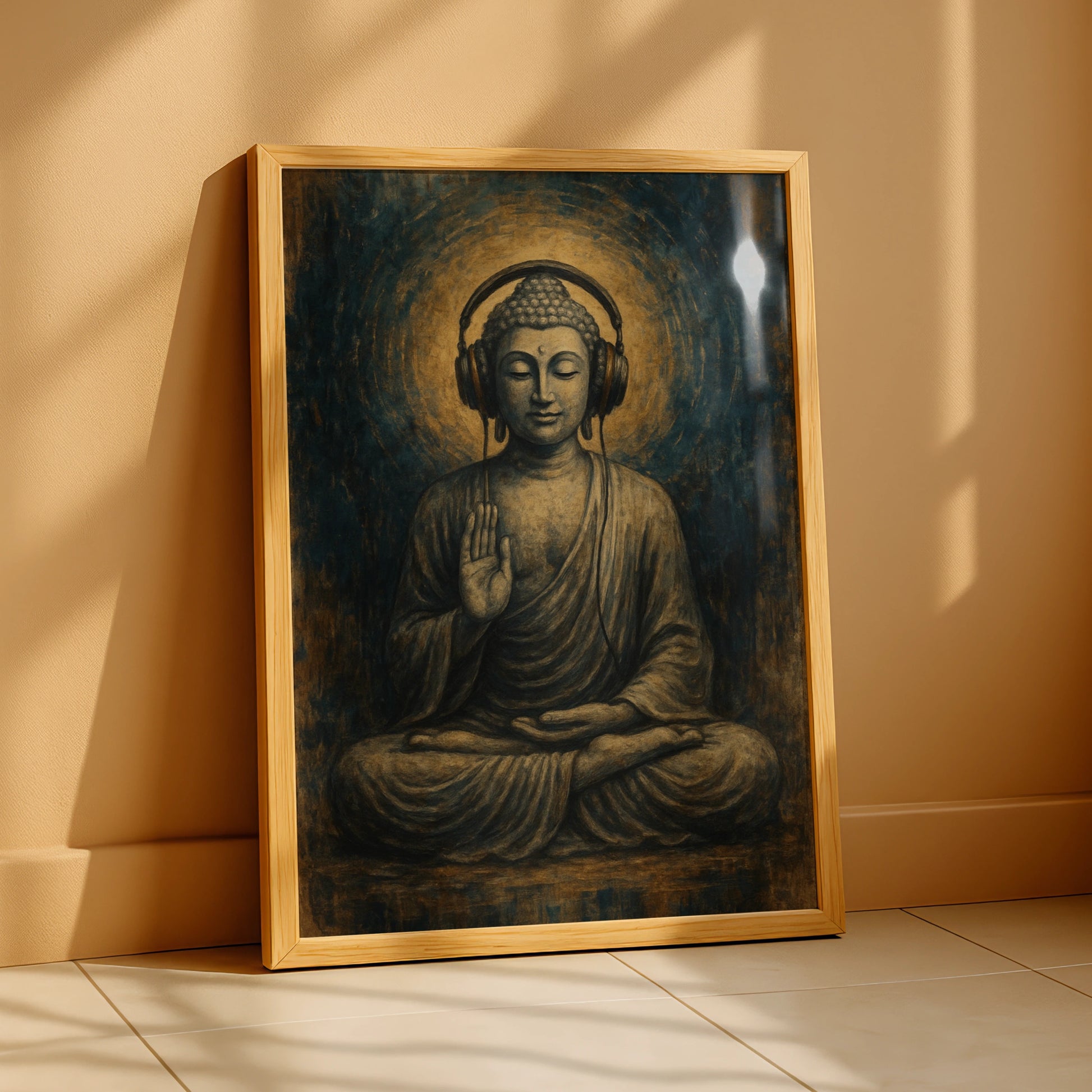 Buddha Headphones Poster, Meditation Wall Art, Spiritual Music Print, Blue Gold Decor