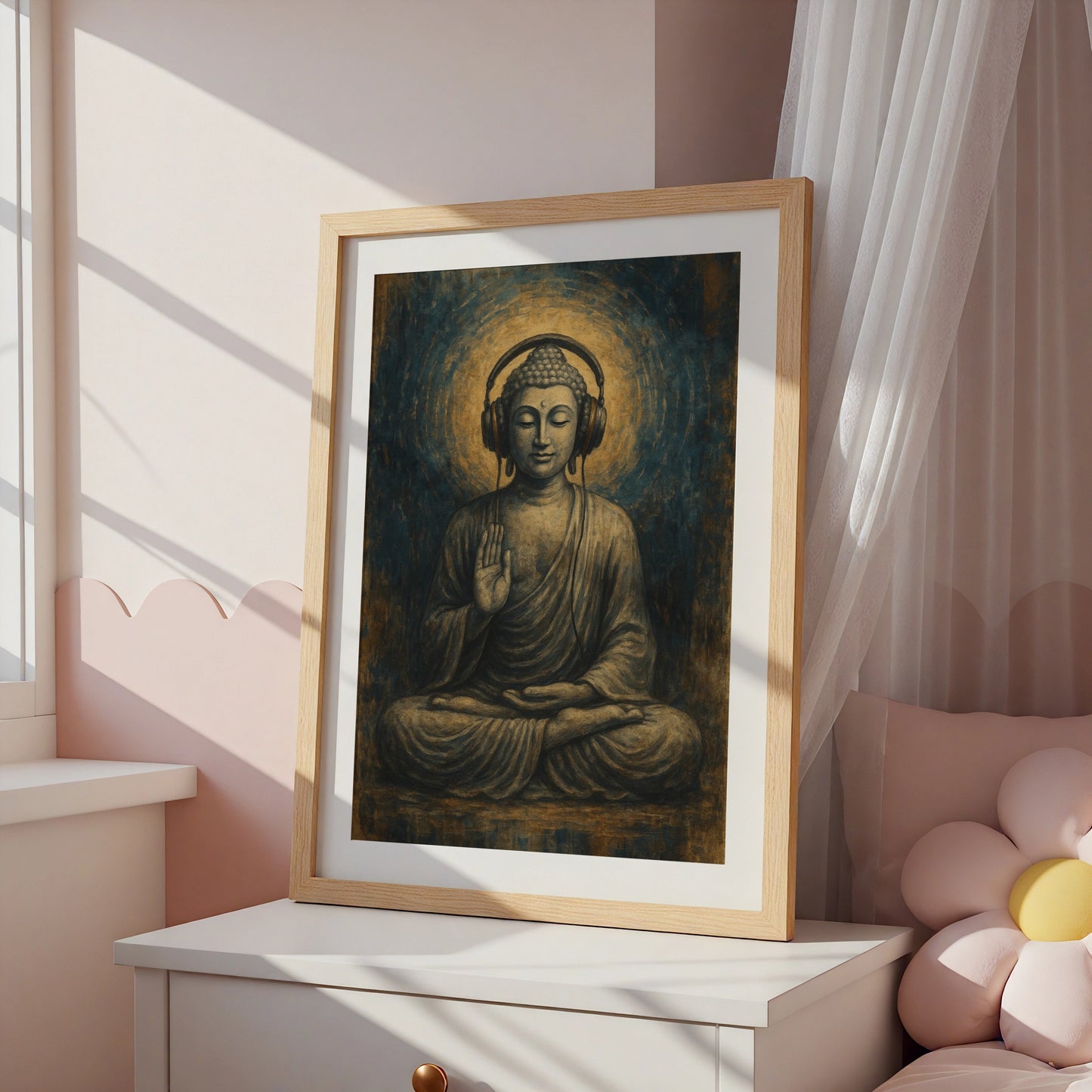 Buddha Headphones Poster, Meditation Wall Art, Spiritual Music Print, Blue Gold Decor