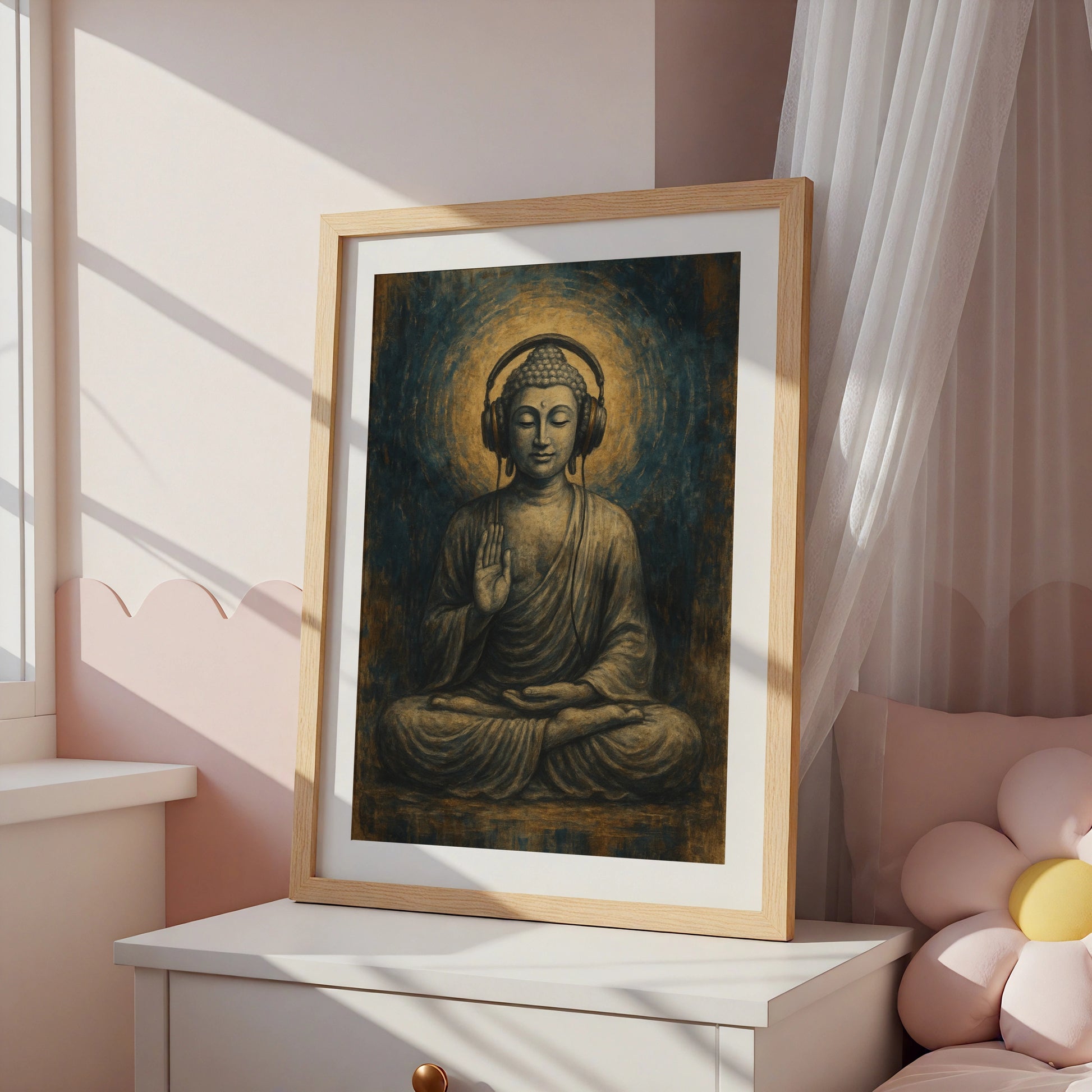 Buddha Headphones Poster, Meditation Wall Art, Spiritual Music Print, Blue Gold Decor