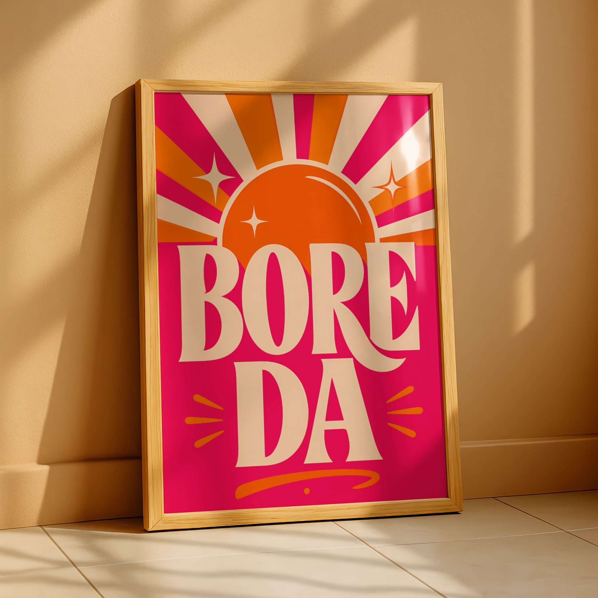 Bore Da Welsh Good Morning Poster, Wales Wall Art, Retro Sun Print, Bold Pink