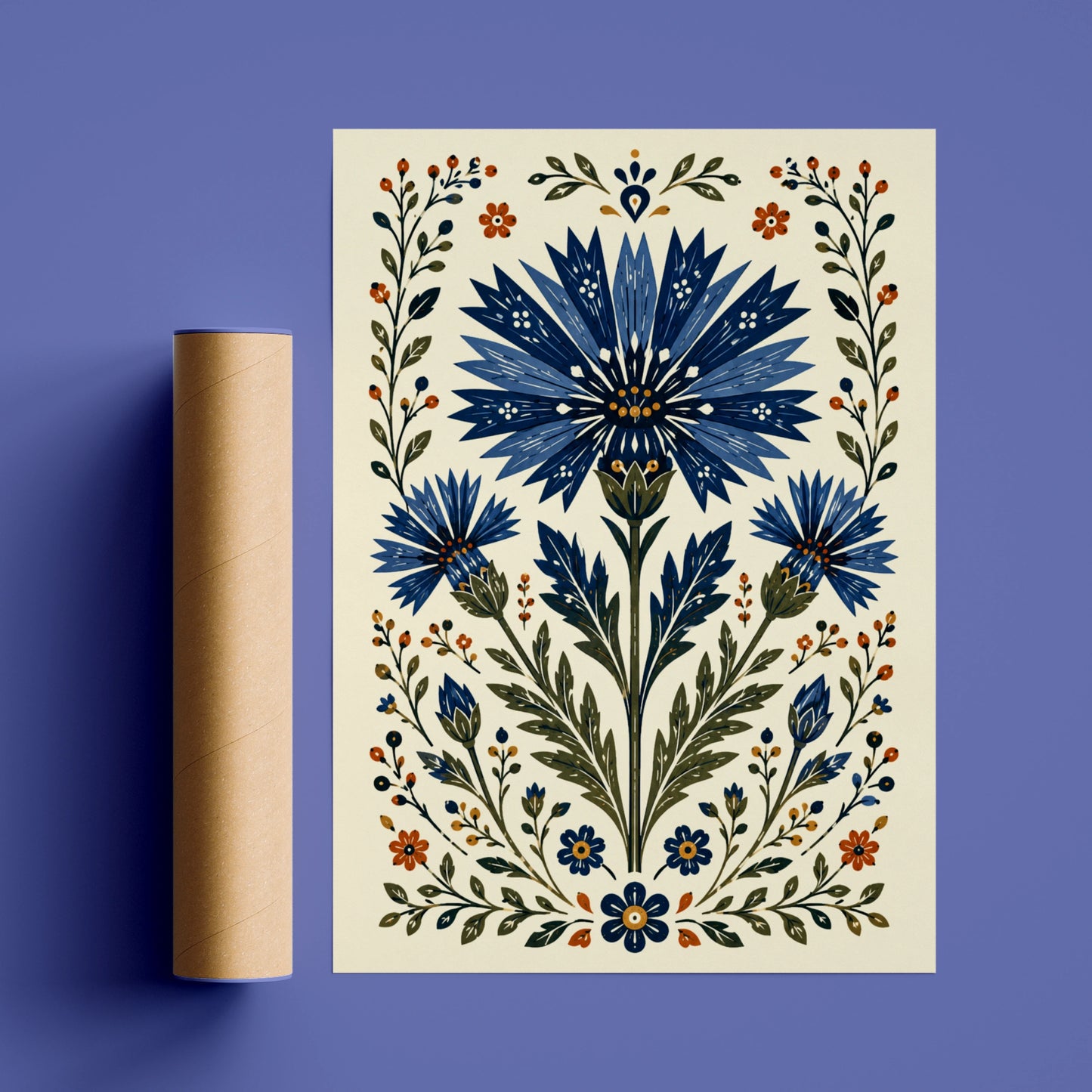 Folk Cornflower Poster, Blue Floral Wall Art, Botanical Folk Art Print, Wildflower Home Decor