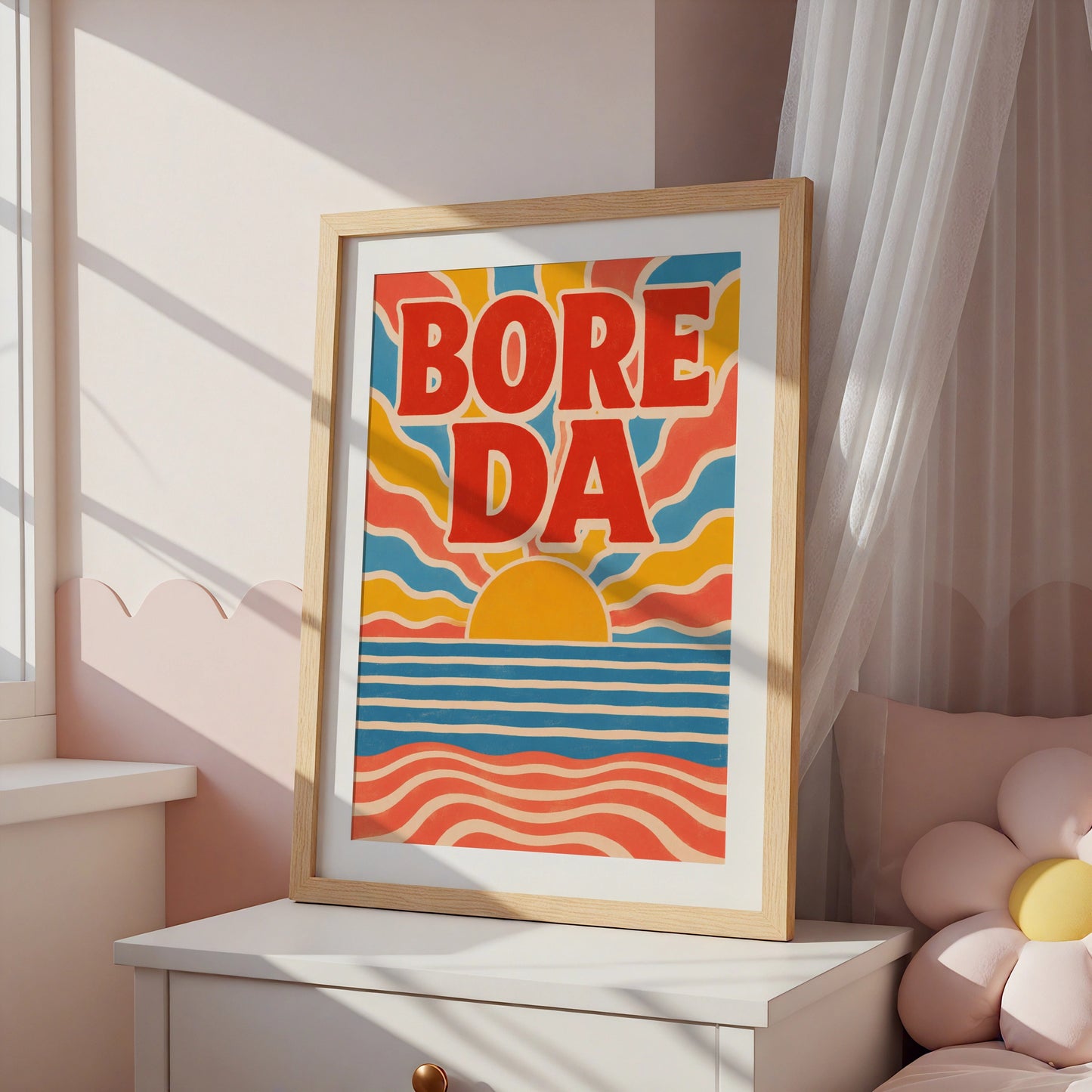 Bore Da Welsh Good Morning Poster, Wales Retro Sunrise Wall Art, Bright Colourful Print