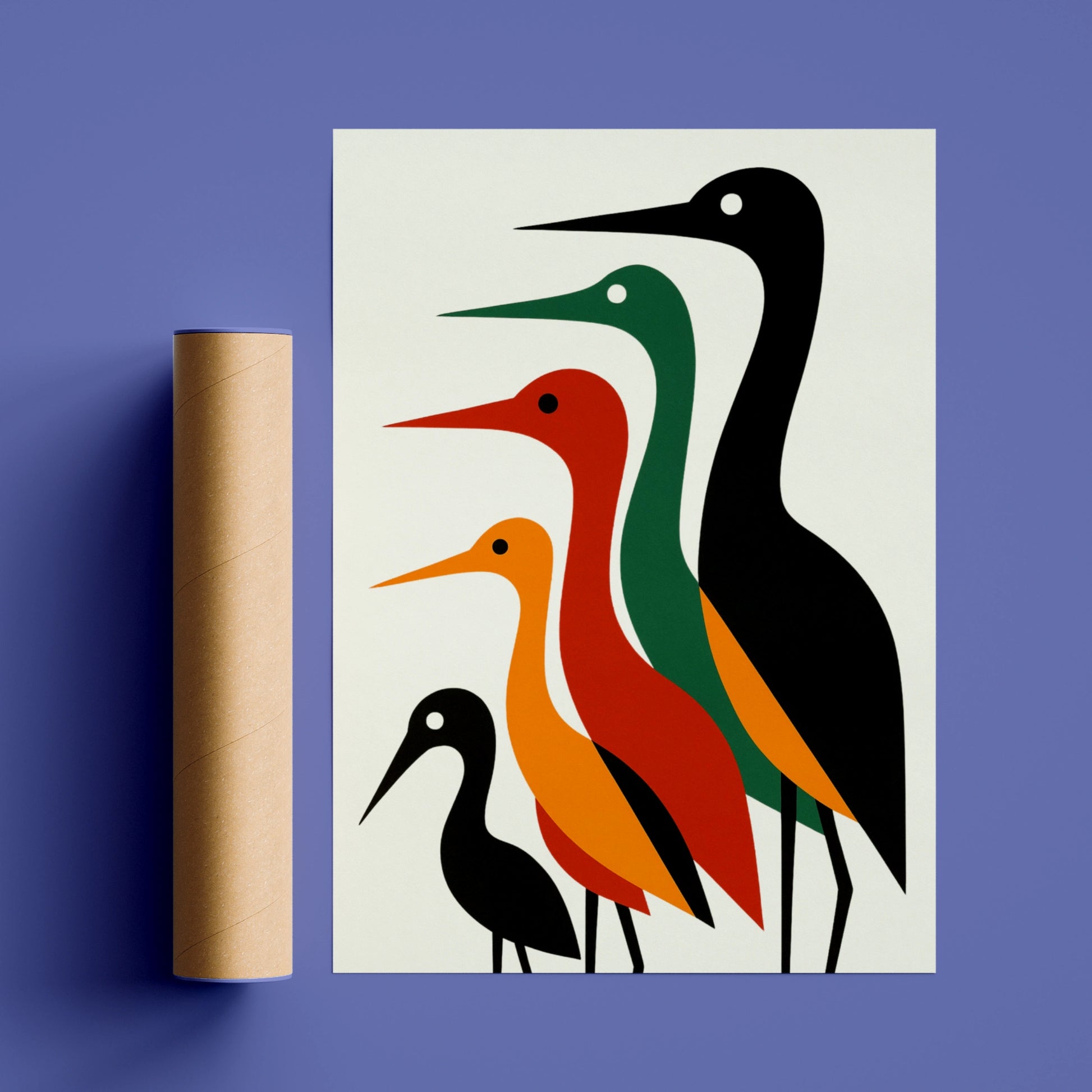 Geometric Bird Poster, Mid-Century Modern Heron Wall Art, Bold Colourful Nature Print