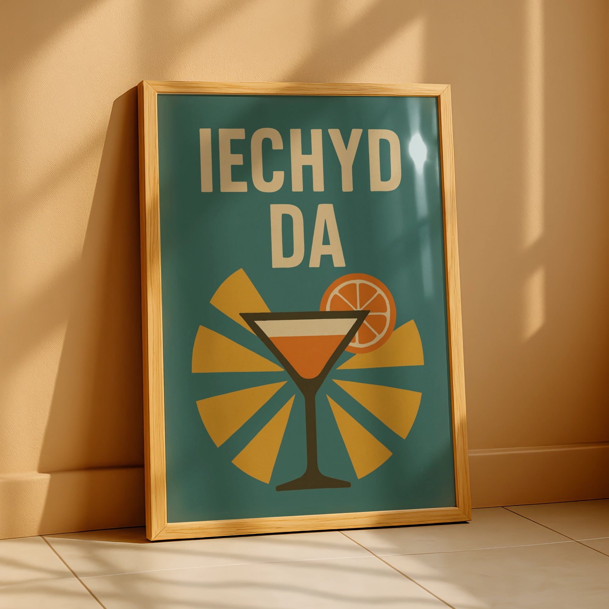 Iechyd Da Welsh Cocktail Poster, Wales Bar Wall Art, Retro Mid-Century Print