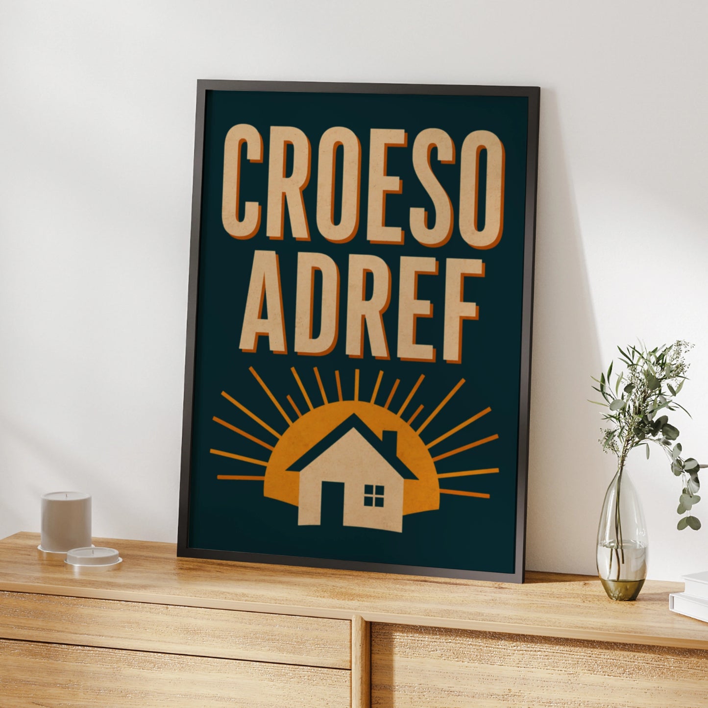 Croeso Adref Welsh Welcome Home Poster, Wales Retro Wall Art Print, Teal Gold