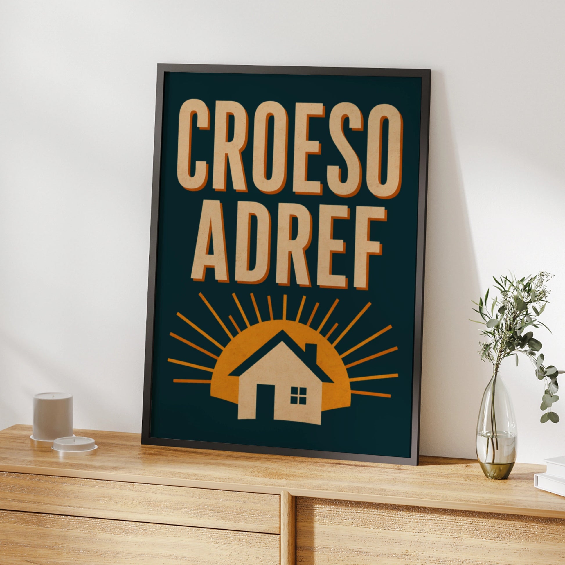 Croeso Adref Welsh Welcome Home Poster, Wales Retro Wall Art Print, Teal Gold