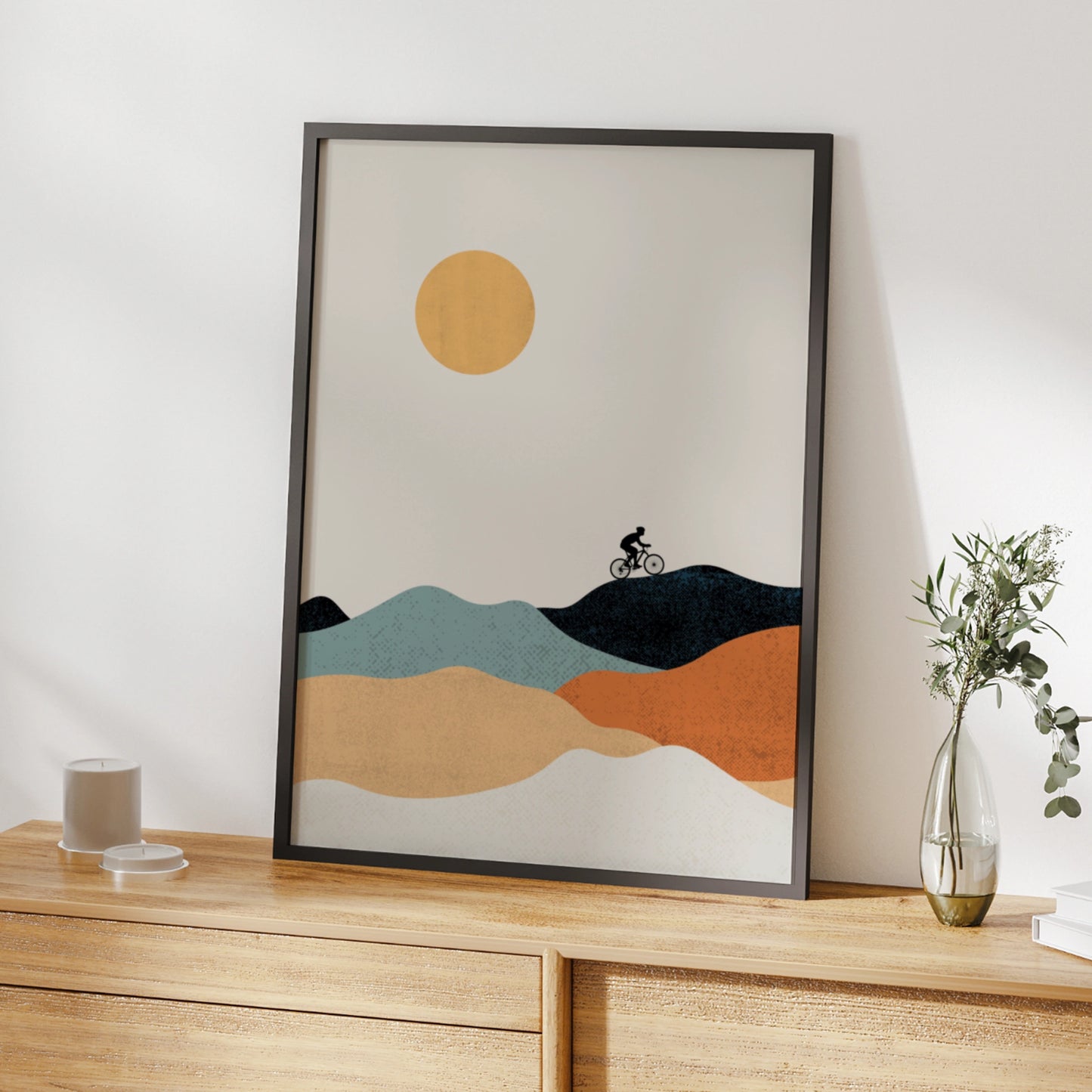 Mountain Bike Poster, Minimalist Cycling Art Print, Retro Hills Wall Art, Gift for Cyclist