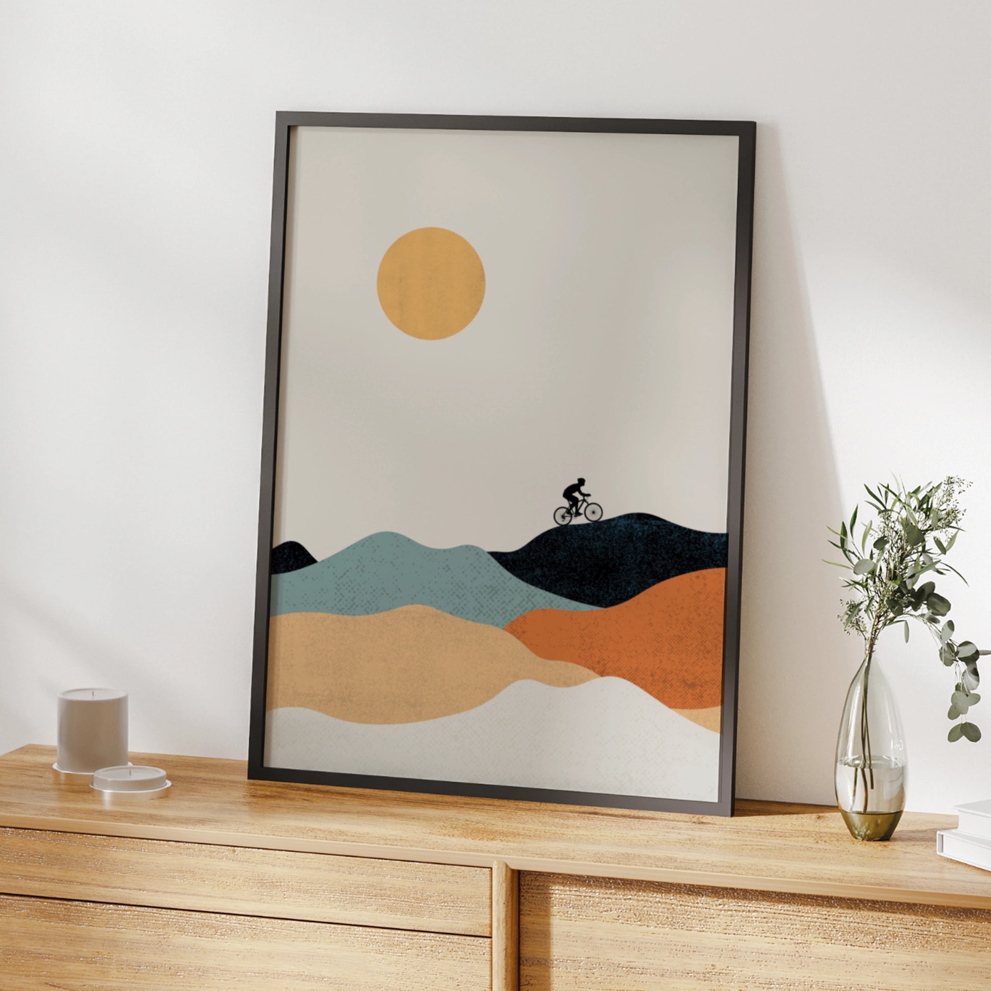 Mountain Bike Poster, Minimalist Cycling Art Print, Retro Hills Wall Art, Gift for Cyclist