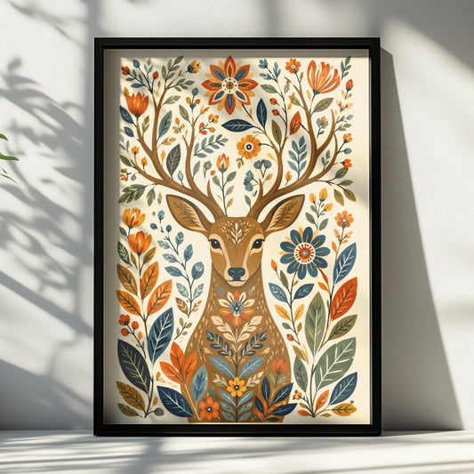 Folk Art Deer Poster, Floral Stag Wall Art, Botanical Wildlife Print, Scandi Nature Decor