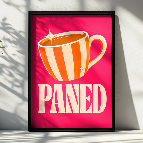Paned Welsh Tea Cup Poster, Wales Wall Art, Retro Pink Orange Kitchen Print