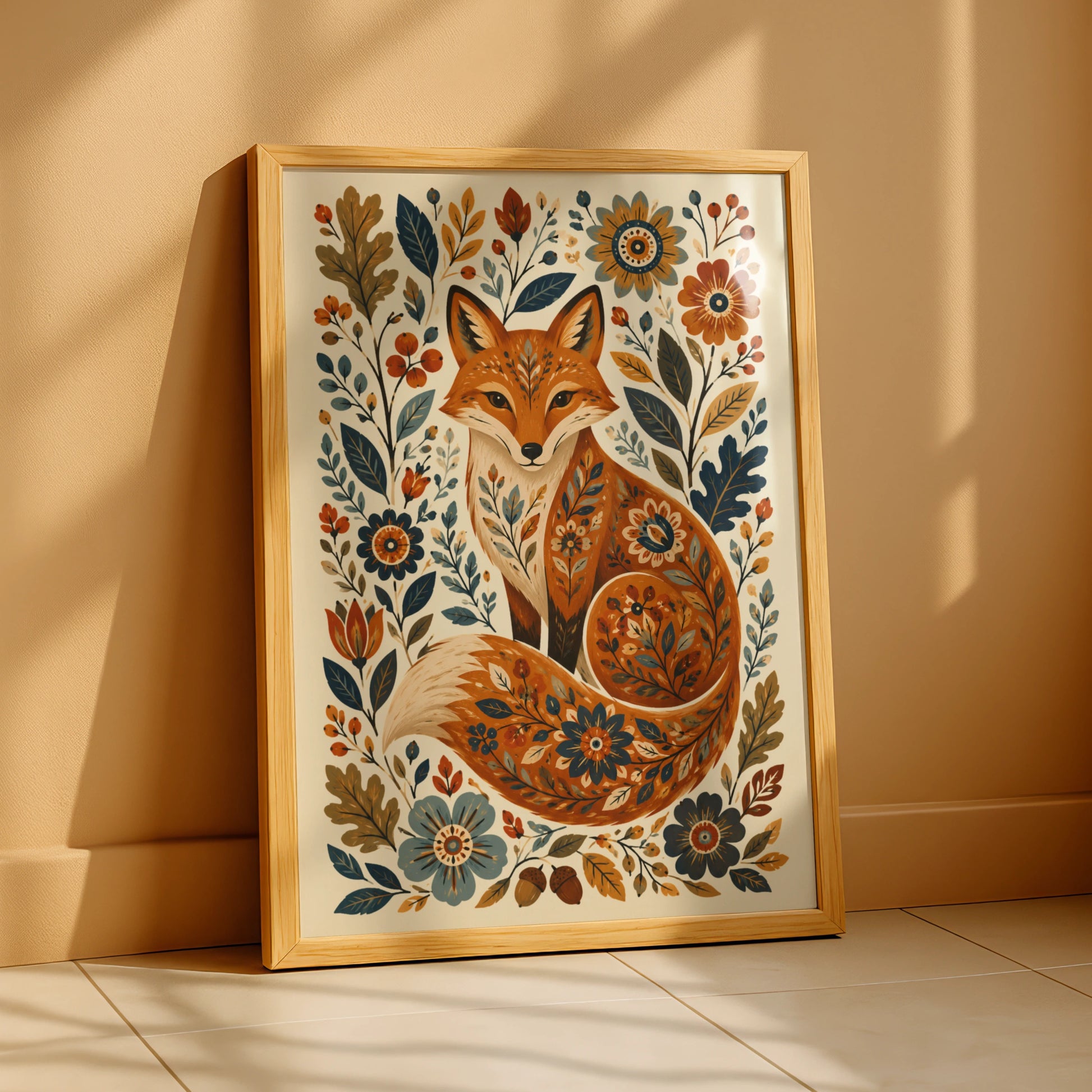 Folk Fox Poster, Floral Fox Wall Art Print, Botanical Wildlife Nursery Decor, Wilderkind