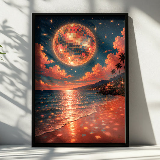 Surreal disco ball moon above a teal and coral coastal beach at sunset
