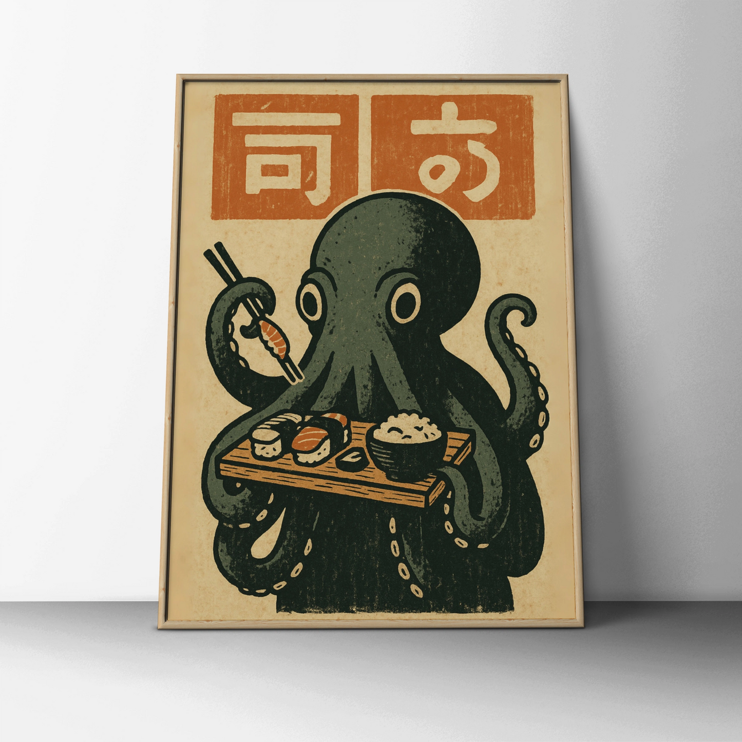 Sushi Octopus Poster, Japanese Woodblock Style Wall Art, Funny Kitchen Print