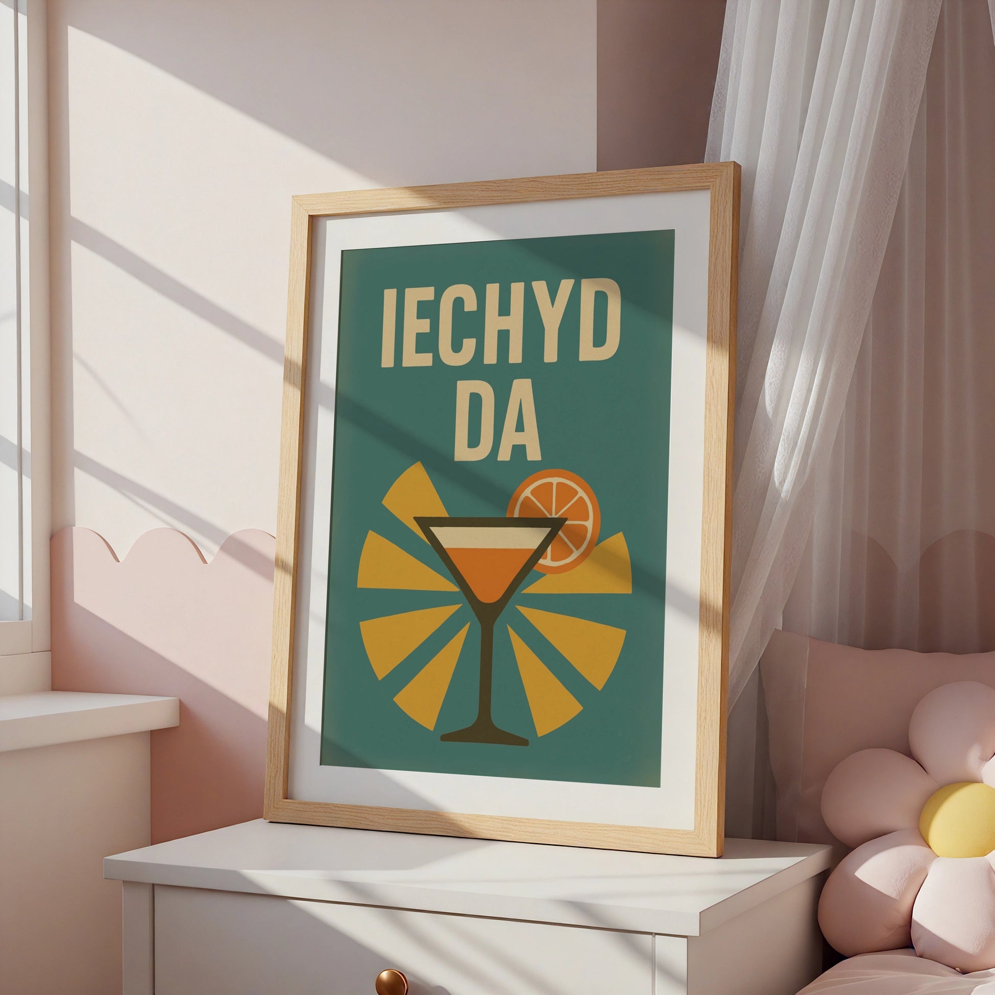Iechyd Da Welsh Cocktail Poster, Wales Bar Wall Art, Retro Mid-Century Print