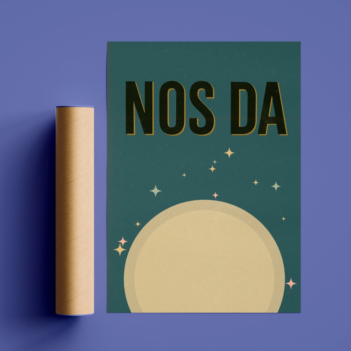 Nos Da Welsh Goodnight Poster, Wales Moon Print, Retro Teal Nursery Wall Art