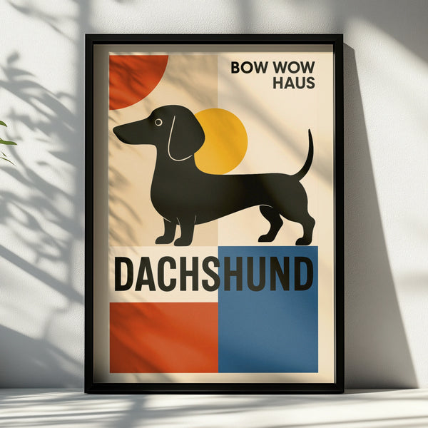 Dachshund Poster, Bauhaus Dog Wall Art, Sausage Dog Print, Retro Geometric Dog Lover Gift