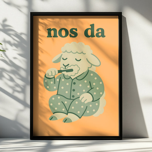 Nos Da Welsh Sheep Poster, Wales Nursery Wall Art, Cute Bedtime Print, Kids Room Decor