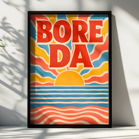 Bore Da Welsh Good Morning Poster, Wales Retro Sunrise Wall Art, Bright Colourful Print