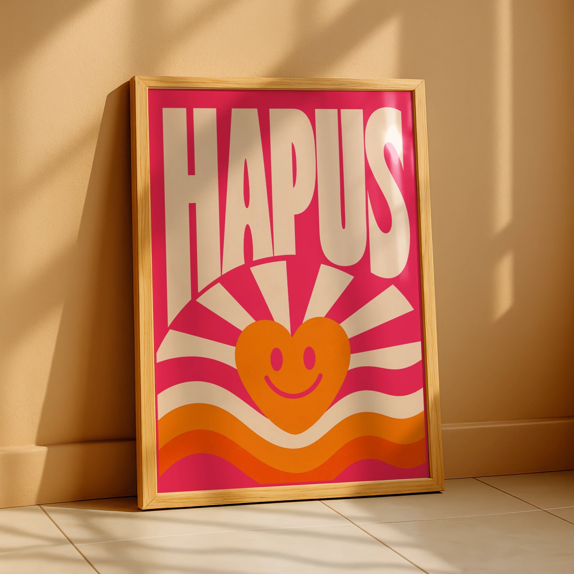 Hapus Welsh Happy Poster, Wales Retro Smiley Heart Wall Art, Pink Groovy Print
