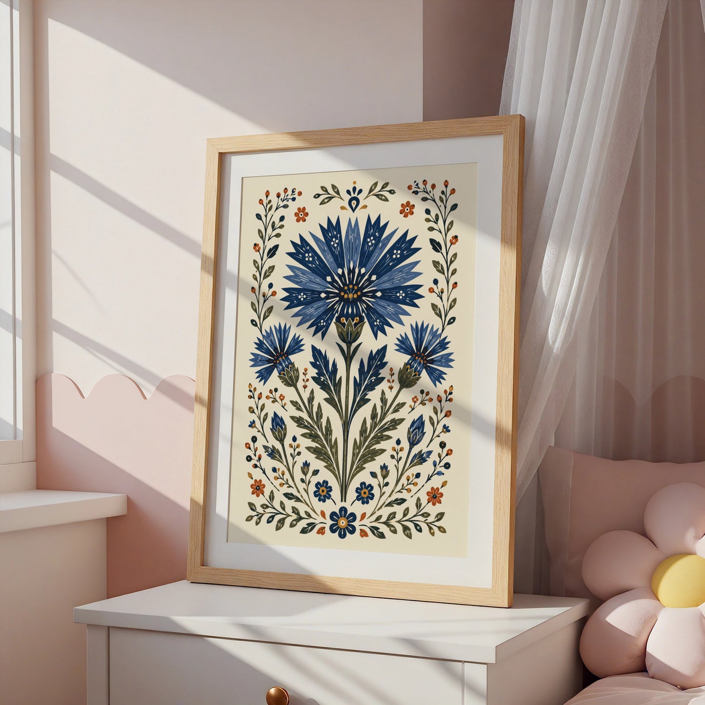 Folk Cornflower Poster, Blue Floral Wall Art, Botanical Folk Art Print, Wildflower Home Decor