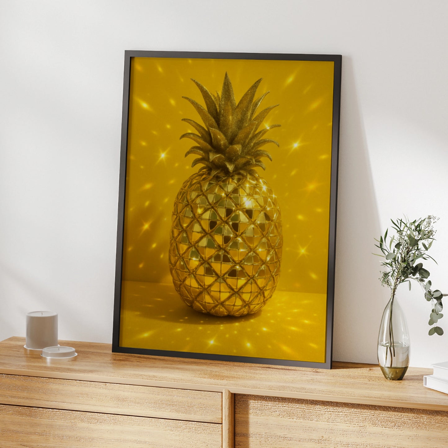 Golden disco ball pineapple with glittering leaves on a yellow background