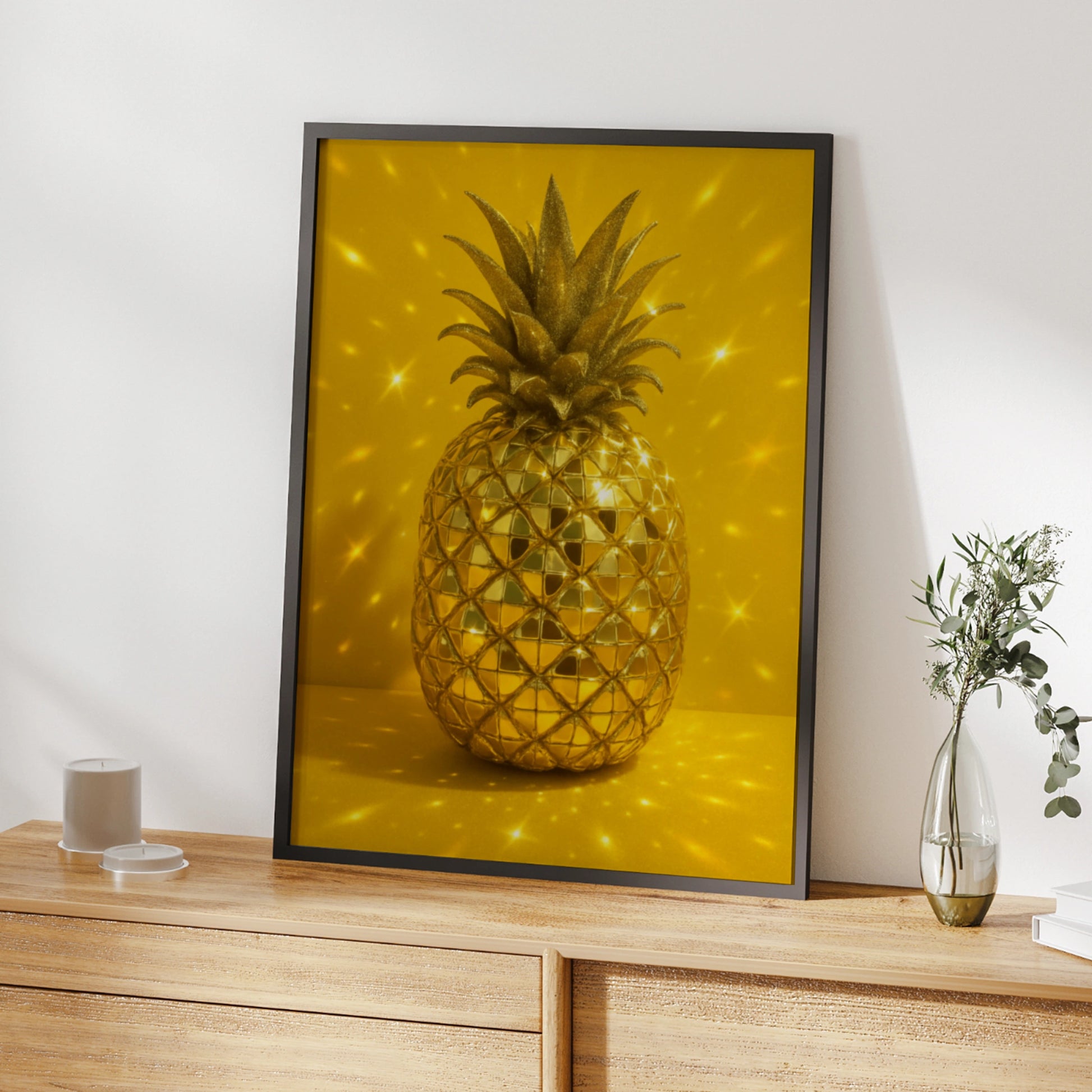 Golden disco ball pineapple with glittering leaves on a yellow background