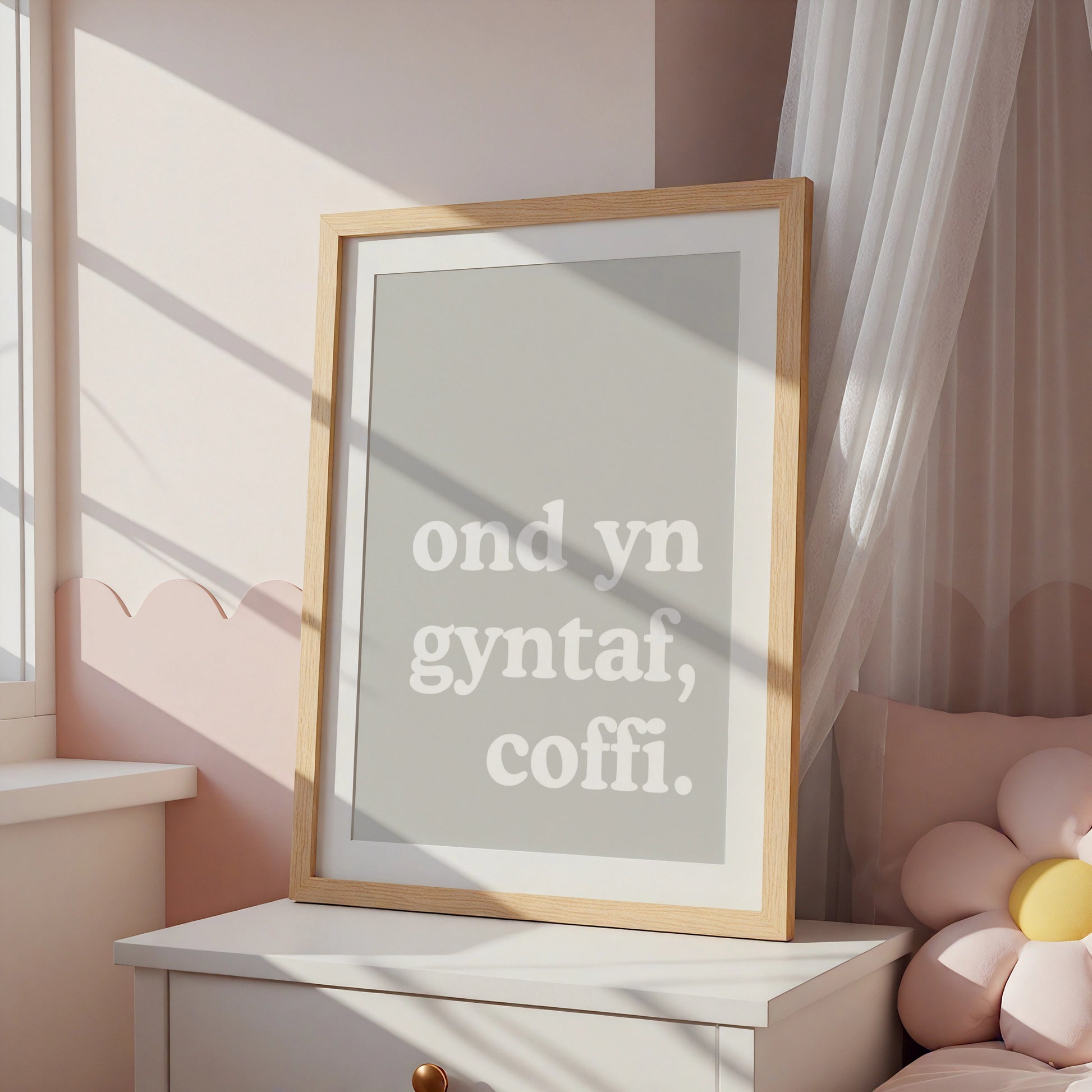 Welsh Coffee Quote Poster, Wales Typography Wall Art, Ond Yn Gyntaf Coffi Grey Print