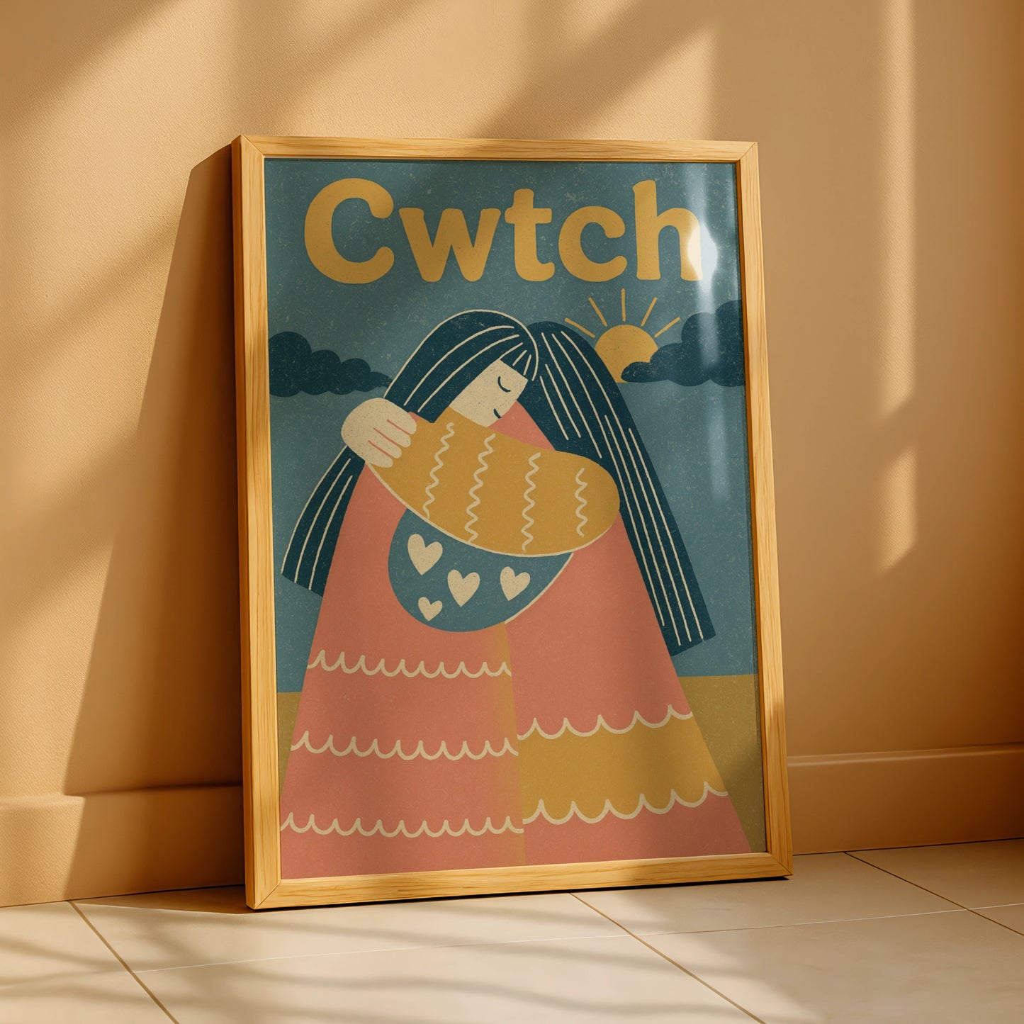 Cwtch Welsh Hug Poster, Wales Wall Art, Retro Friends Embrace Print, Gift