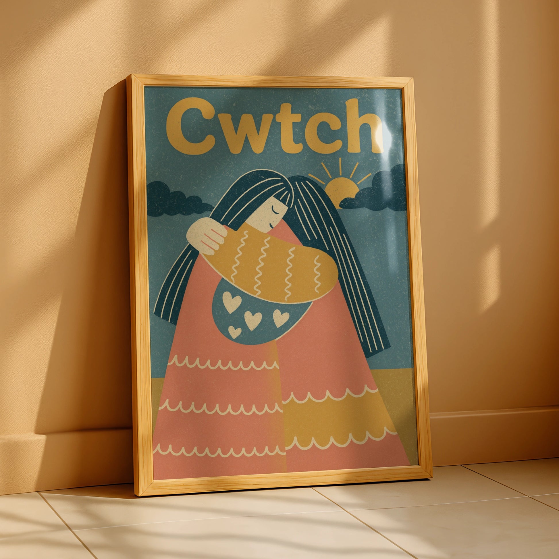 Cwtch Welsh Hug Poster, Wales Wall Art, Retro Friends Embrace Print, Gift