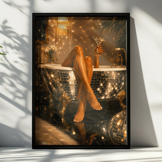 Glamorous woman holding a martini in a mirrored bath with gold decor