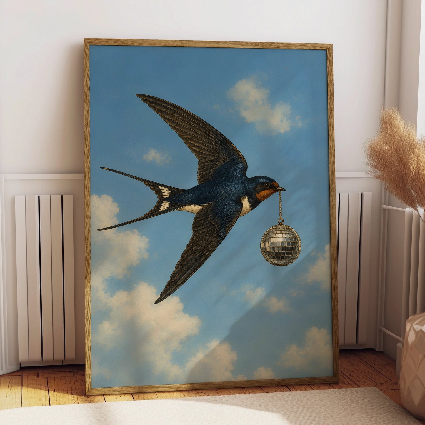Illustrated swallow carrying a silver disco ball through a cloudy blue sky