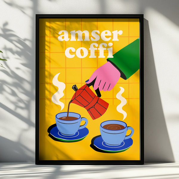 Amser Coffi Welsh Coffee Time Poster, Wales Wall Art, Bold Retro Kitchen Print