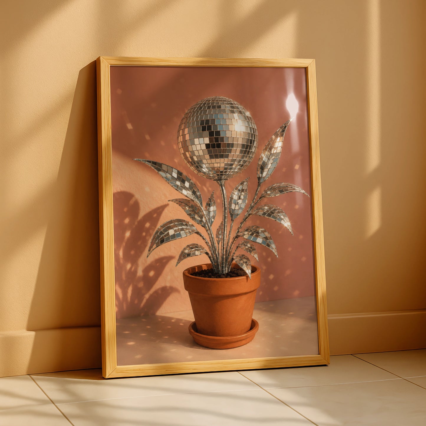 Silver disco ball plant in a terracotta pot against a warm pink background