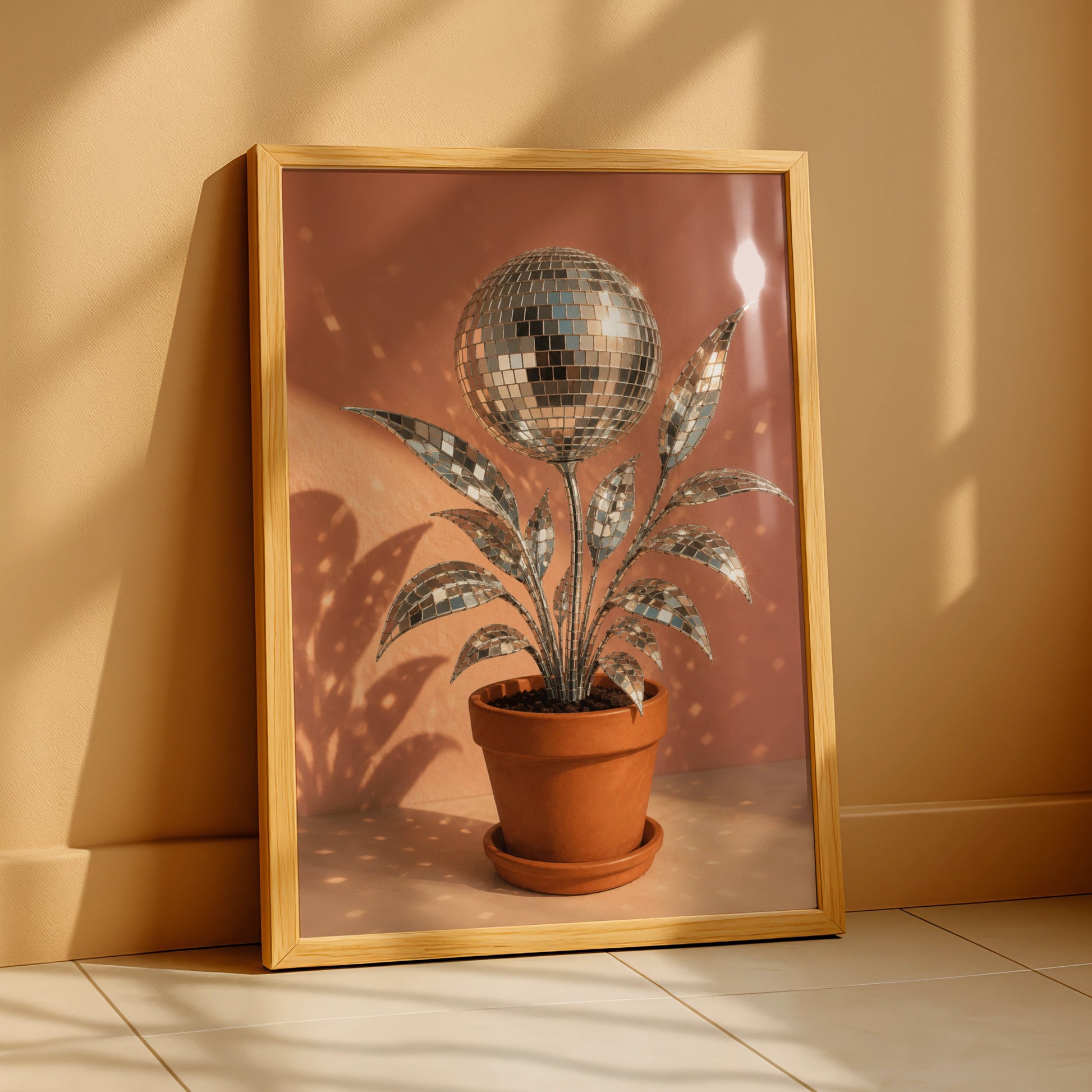 Silver disco ball plant in a terracotta pot against a warm pink background