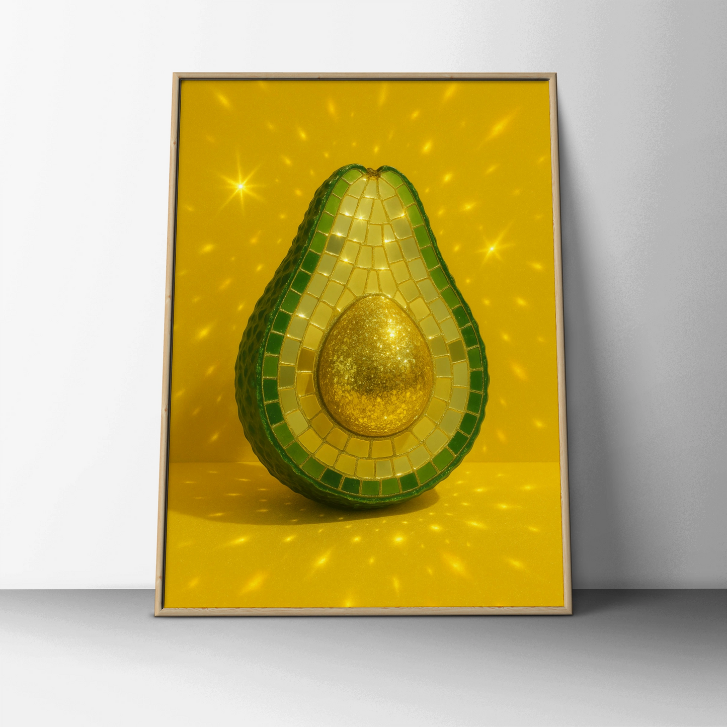 Mosaic disco avocado with a gold stone on a bright yellow background