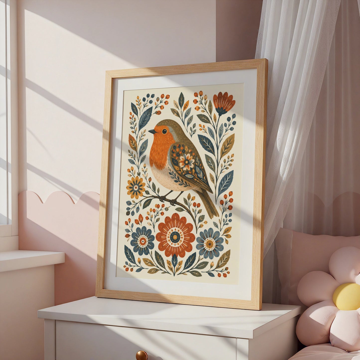 Folk Robin Poster, Floral Bird Wall Art, Scandinavian Style Print, Nature Home Decor