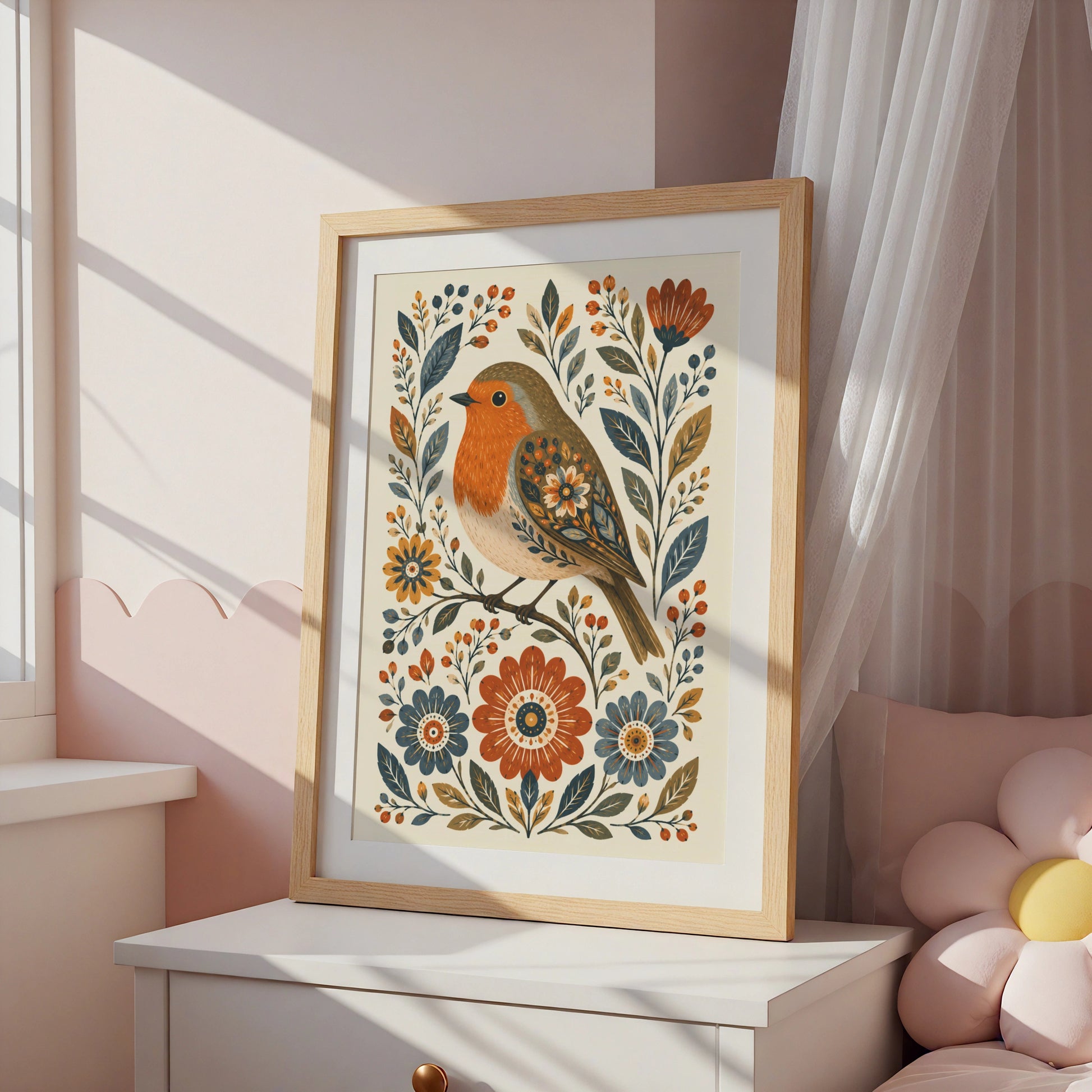 Folk Robin Poster, Floral Bird Wall Art, Scandinavian Style Print, Nature Home Decor