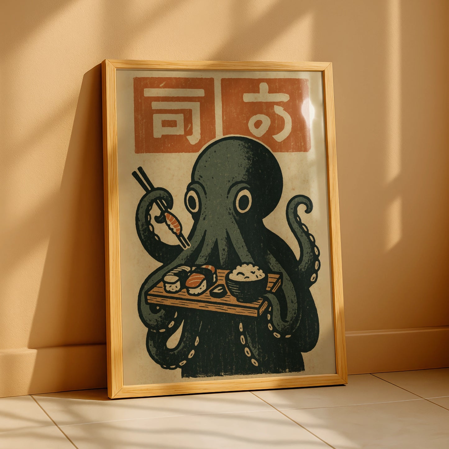 Sushi Octopus Poster, Japanese Woodblock Style Wall Art, Funny Kitchen Print