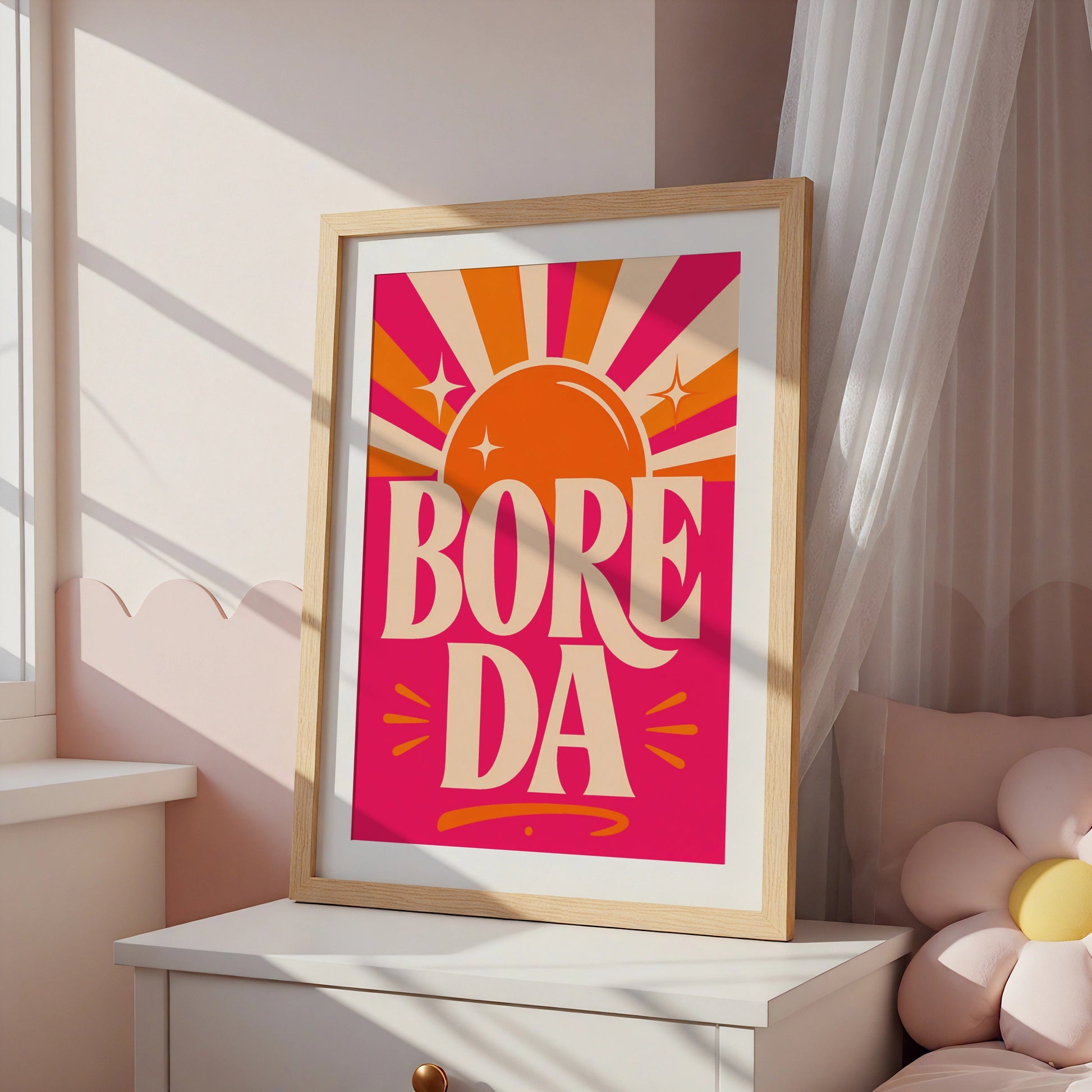 Bore Da Welsh Good Morning Poster, Wales Wall Art, Retro Sun Print, Bold Pink