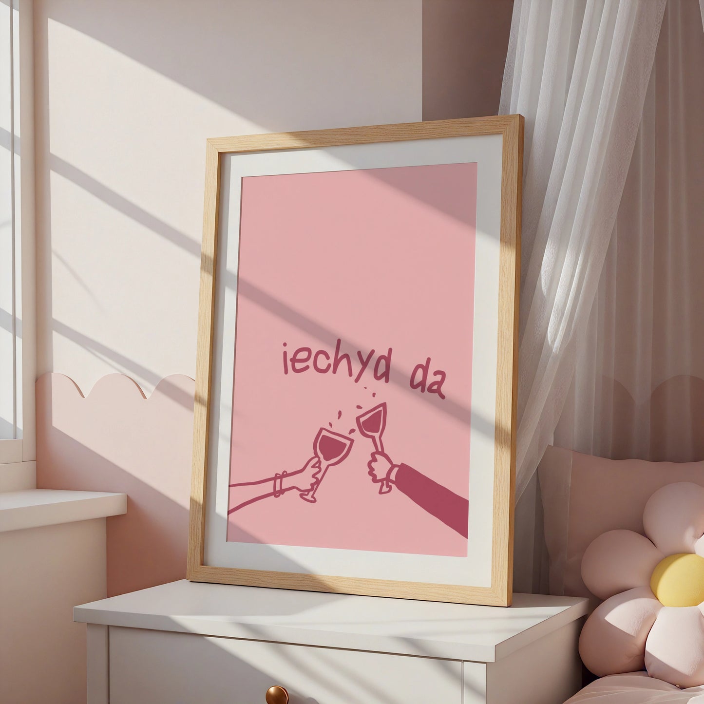 Iechyd Da Welsh Toast Poster, Wales Wine Print, Pink Wall Art, Cheers Gift