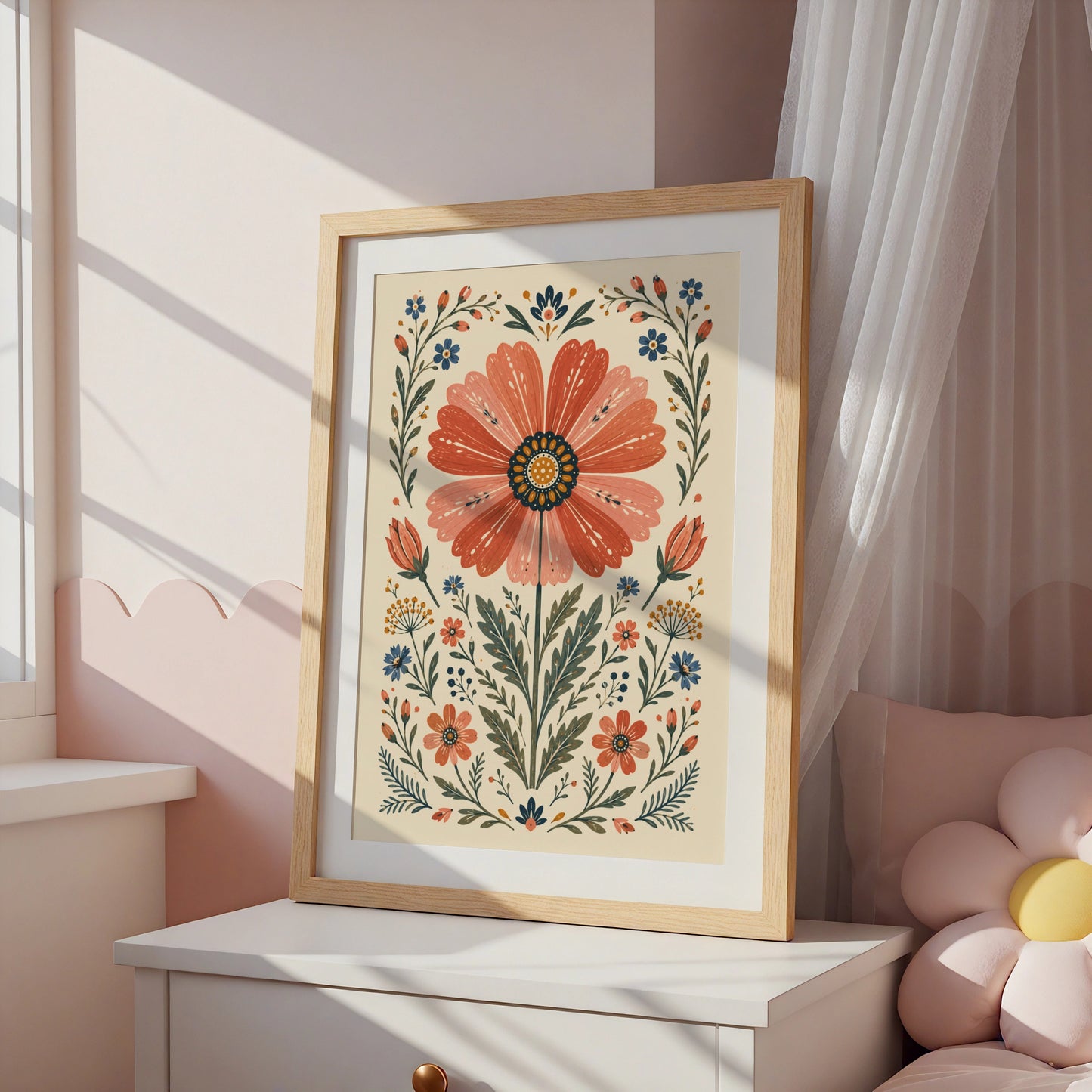 Folk Floral Cosmos Poster, Botanical Wall Art, Scandi Folk Print, Terracotta Blue