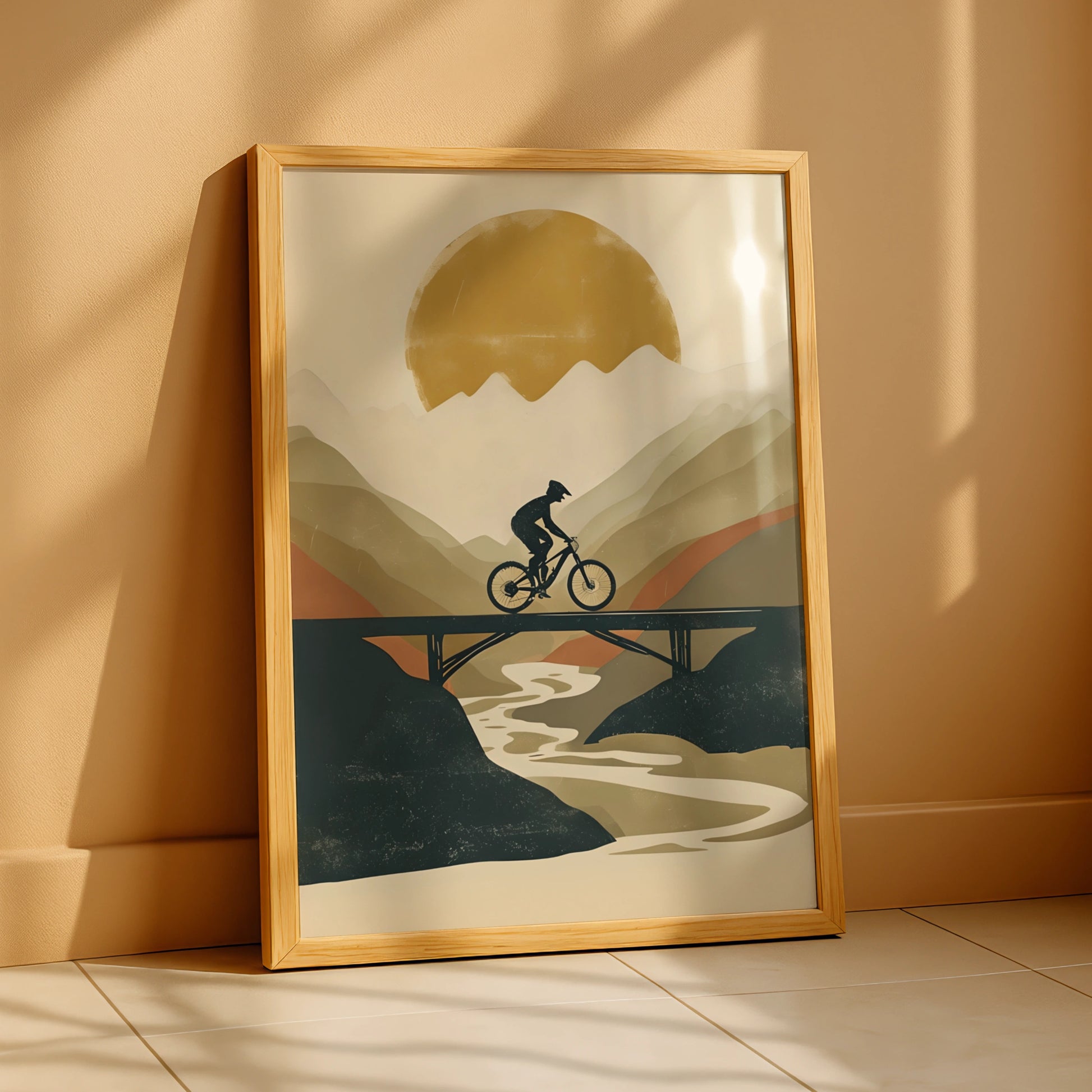 Mountain Bike Poster, MTB Wall Art, Cycling Print, Retro Sun Bridge Landscape Gift