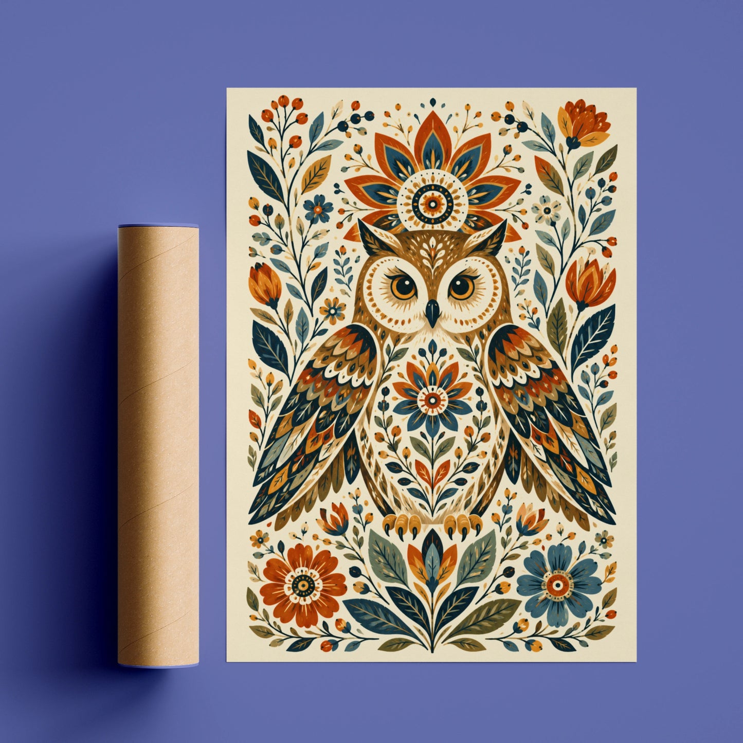 Folk Art Owl Poster, Floral Bird Wall Art, Botanical Nature Print, Boho Home Decor